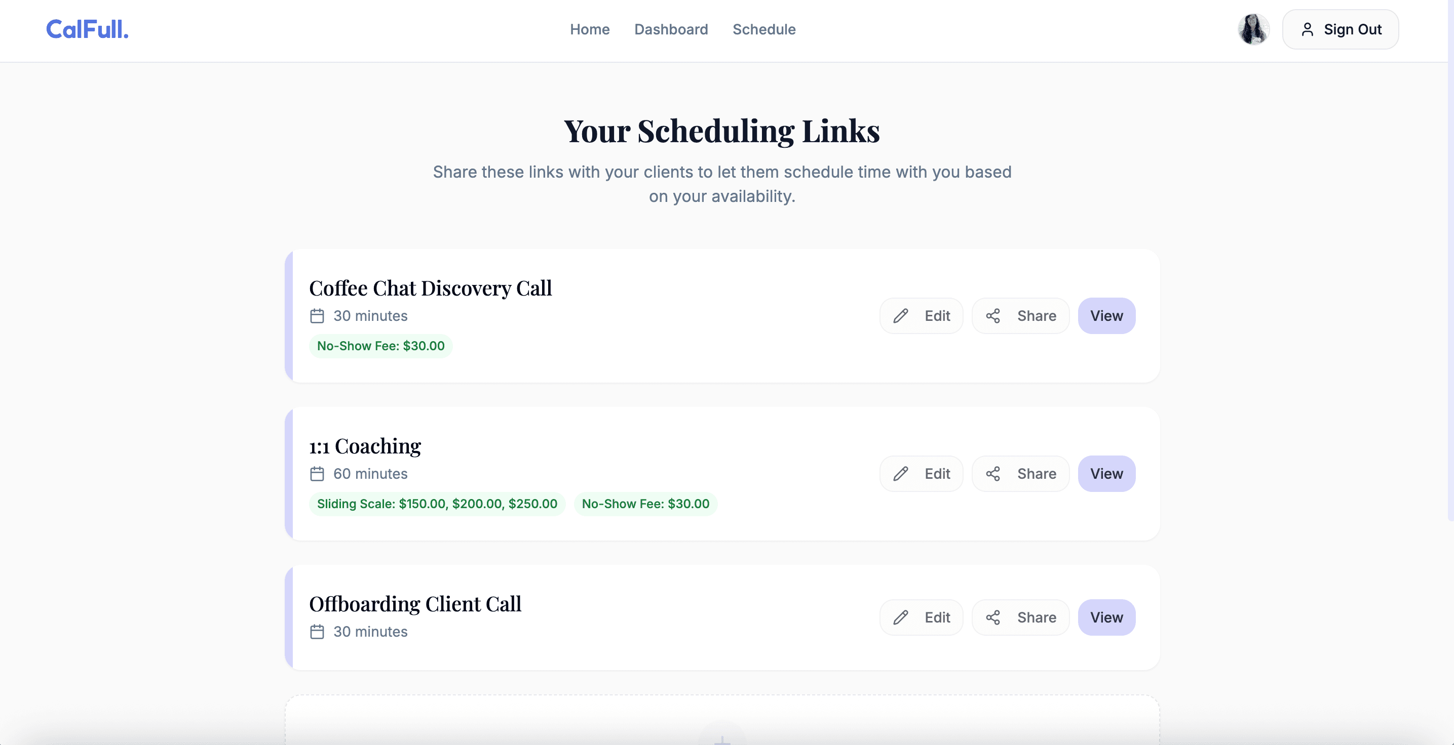 a preview of the calfull call scheduling app